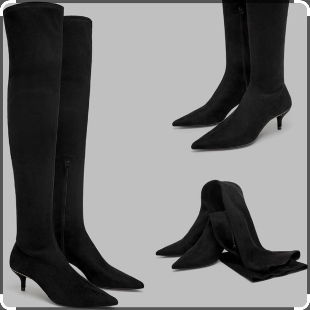 ZARA Black Tall Fabric Thigh High Kitten HEEL OVER-THE-KNEE Boots Black